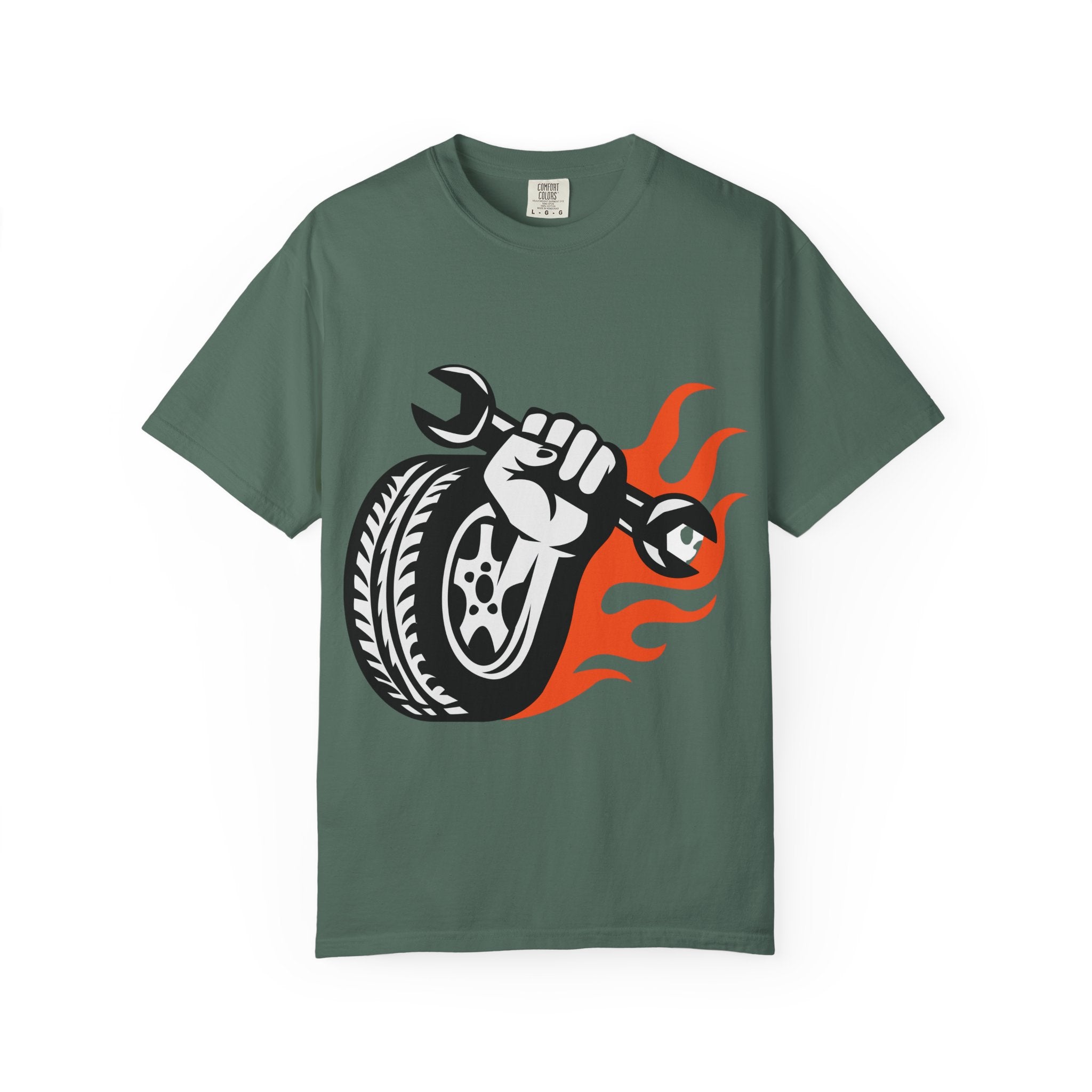 Mechanic Flame Tire T‑Shirt — Wrench & Wheel Auto Repair Tee