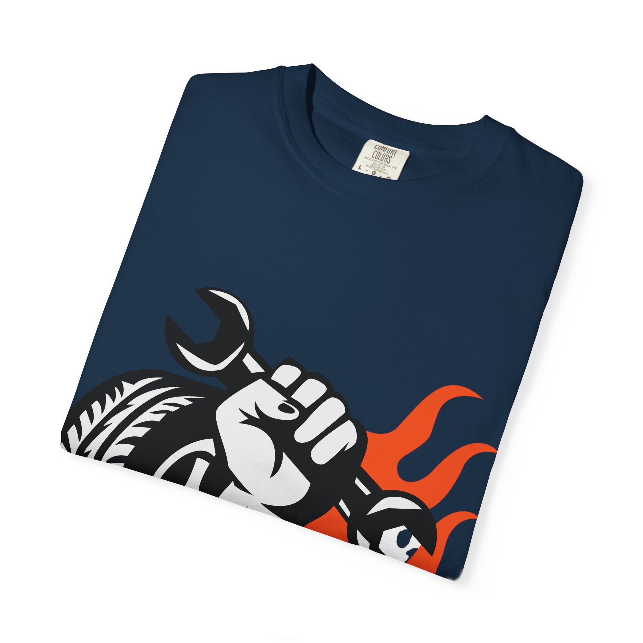 Mechanic Flame Tire T‑Shirt — Wrench & Wheel Auto Repair Tee
