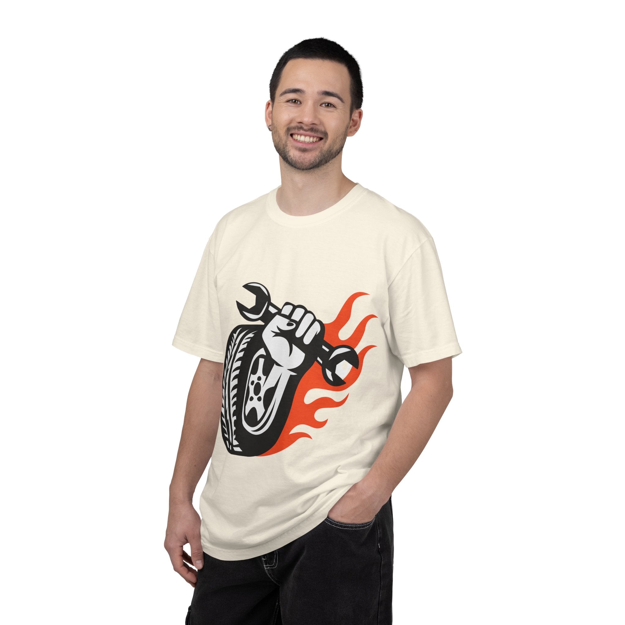 Mechanic Flame Tire T‑Shirt — Wrench & Wheel Auto Repair Tee