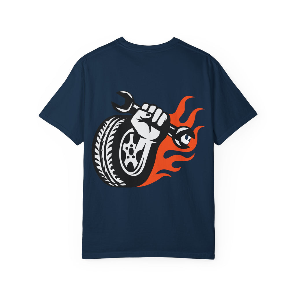 Mechanic Flame Tire T‑Shirt — Wrench & Wheel Auto Repair Tee