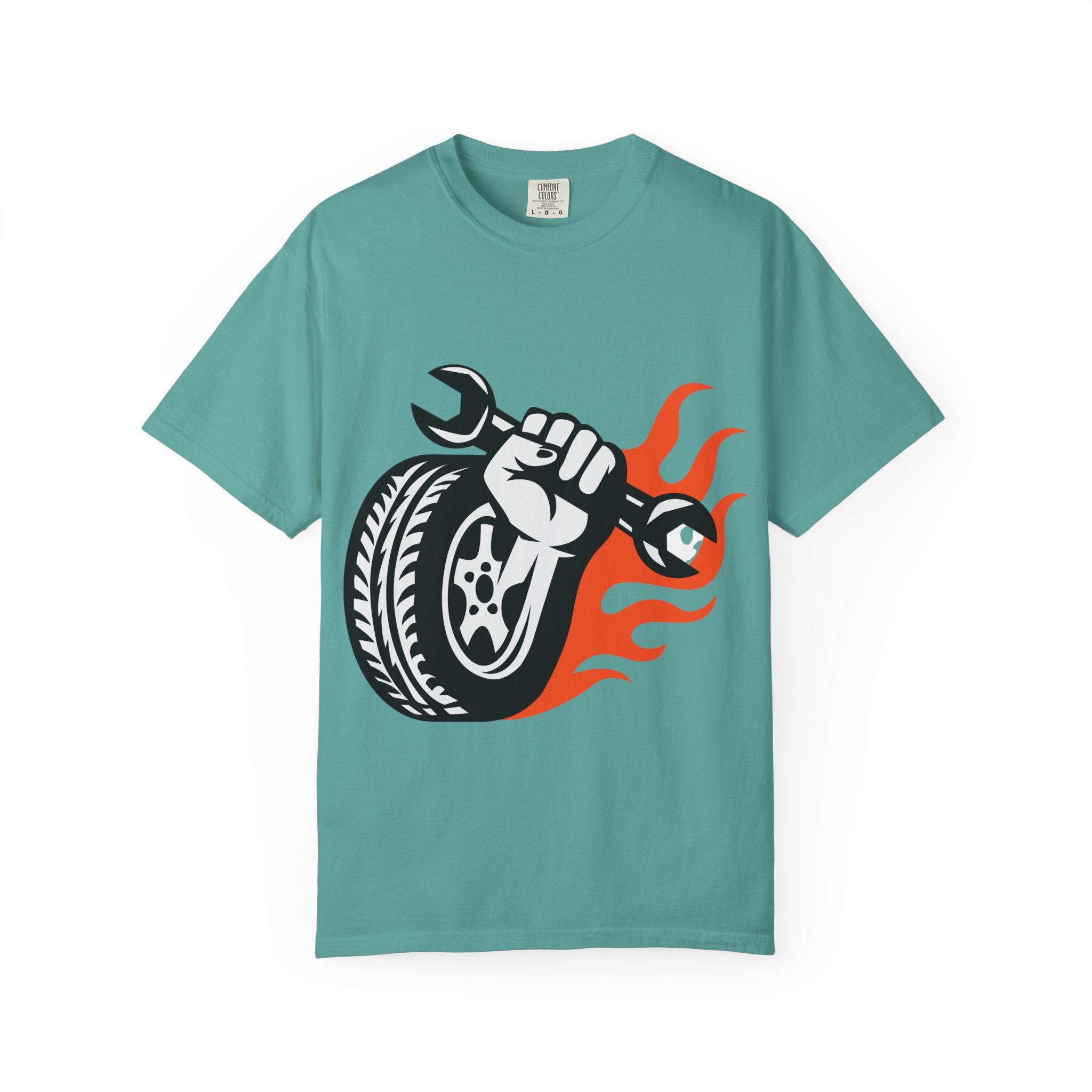 Mechanic Flame Tire T‑Shirt — Wrench & Wheel Auto Repair Tee