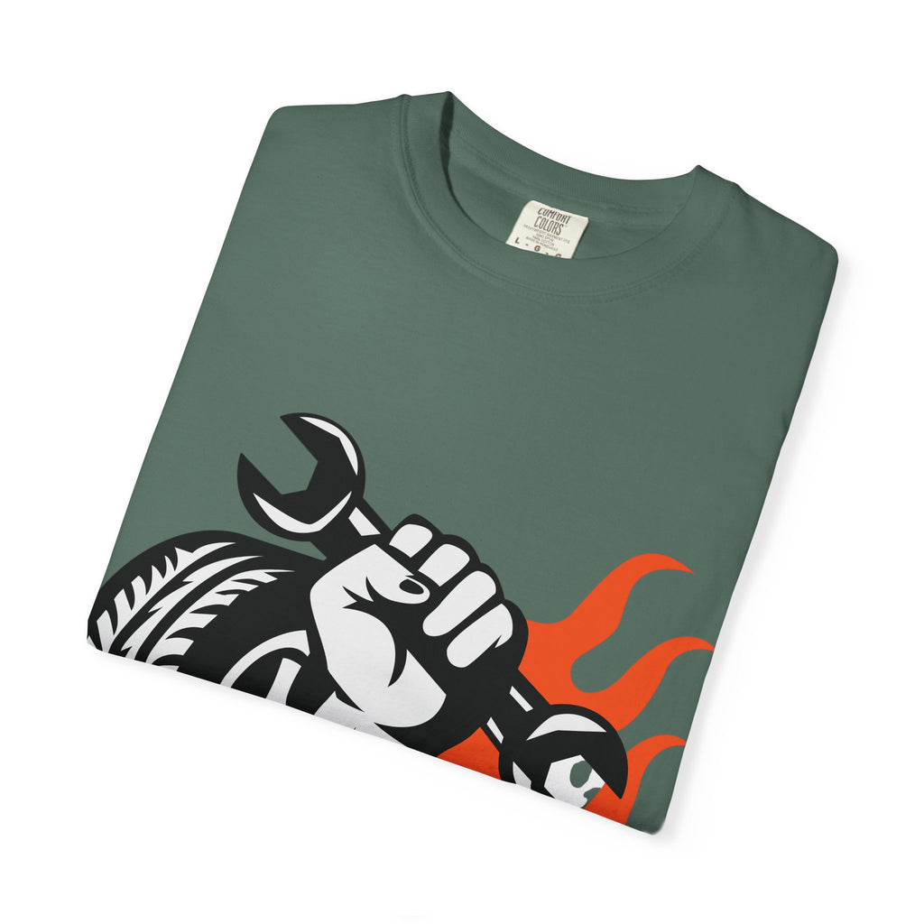 Mechanic Flame Tire T‑Shirt — Wrench & Wheel Auto Repair Tee
