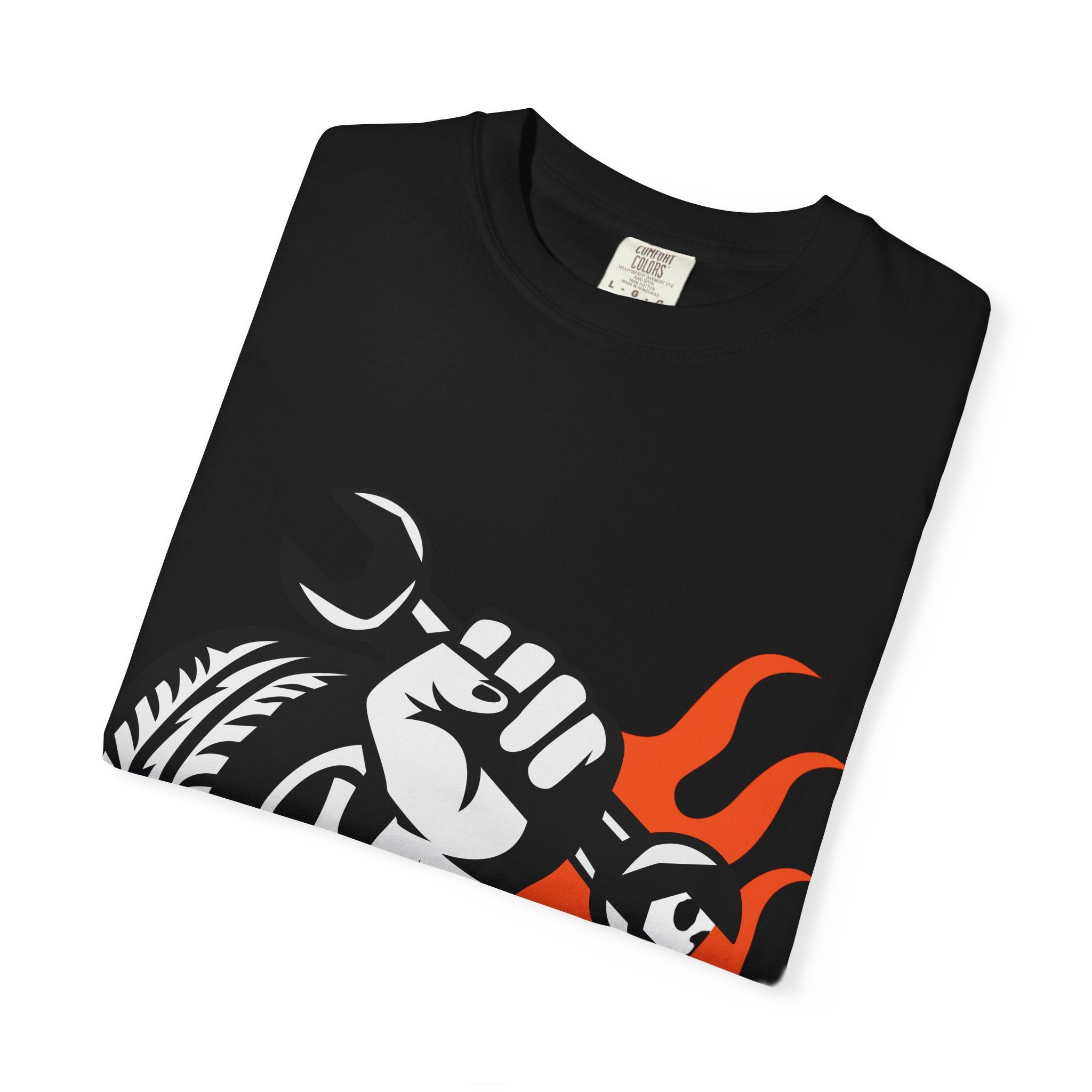 Mechanic Flame Tire T‑Shirt — Wrench & Wheel Auto Repair Tee