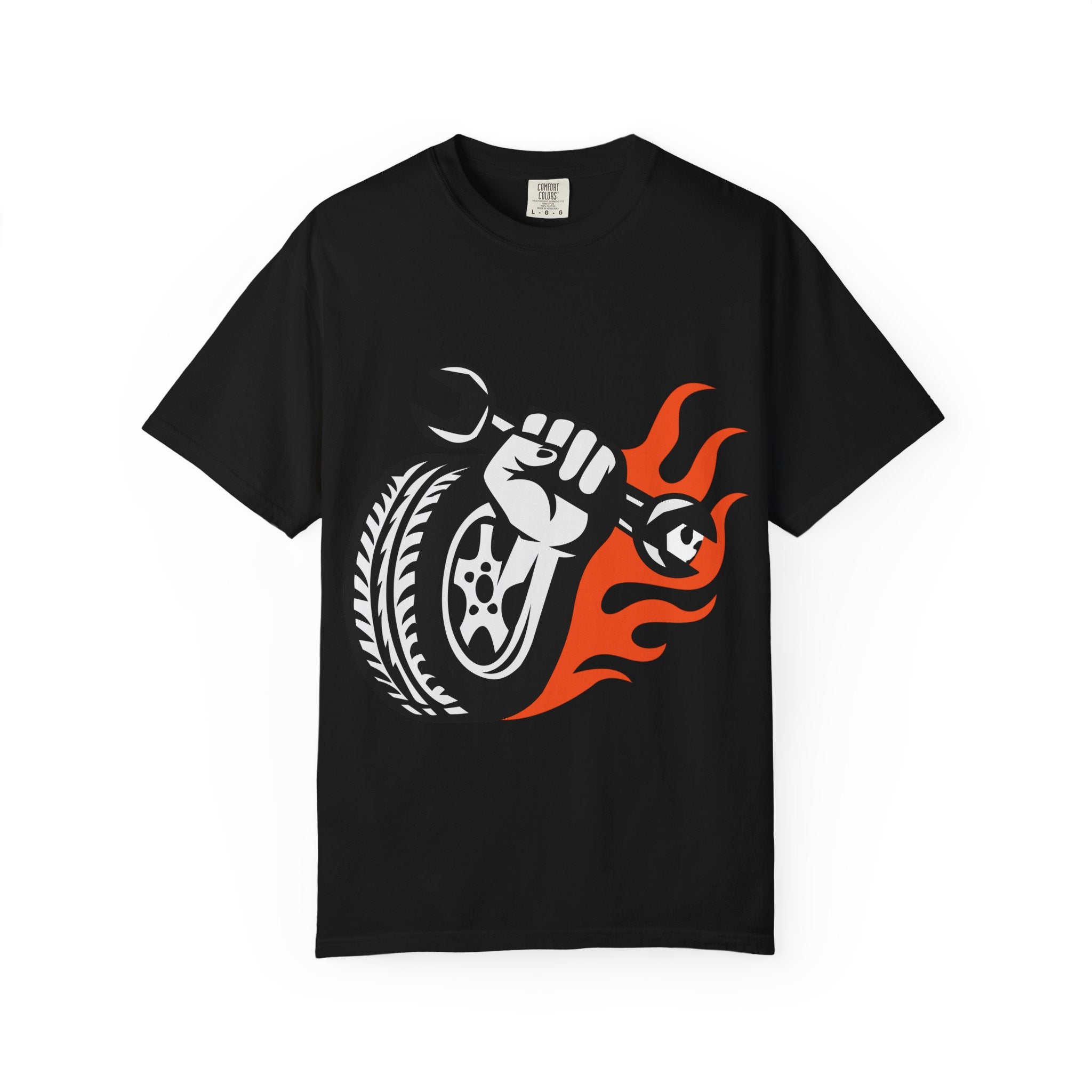 Mechanic Flame Tire T‑Shirt — Wrench & Wheel Auto Repair Tee