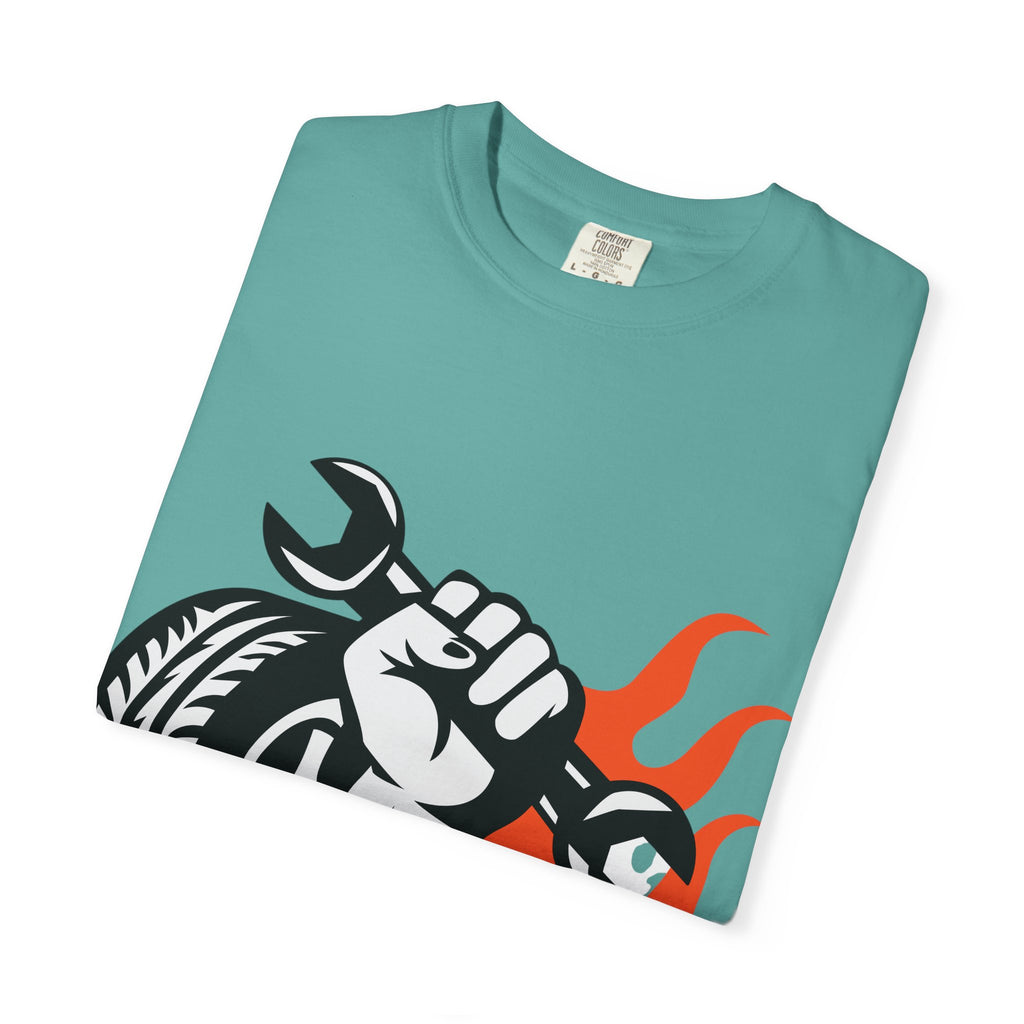 Mechanic Flame Tire T‑Shirt — Wrench & Wheel Auto Repair Tee