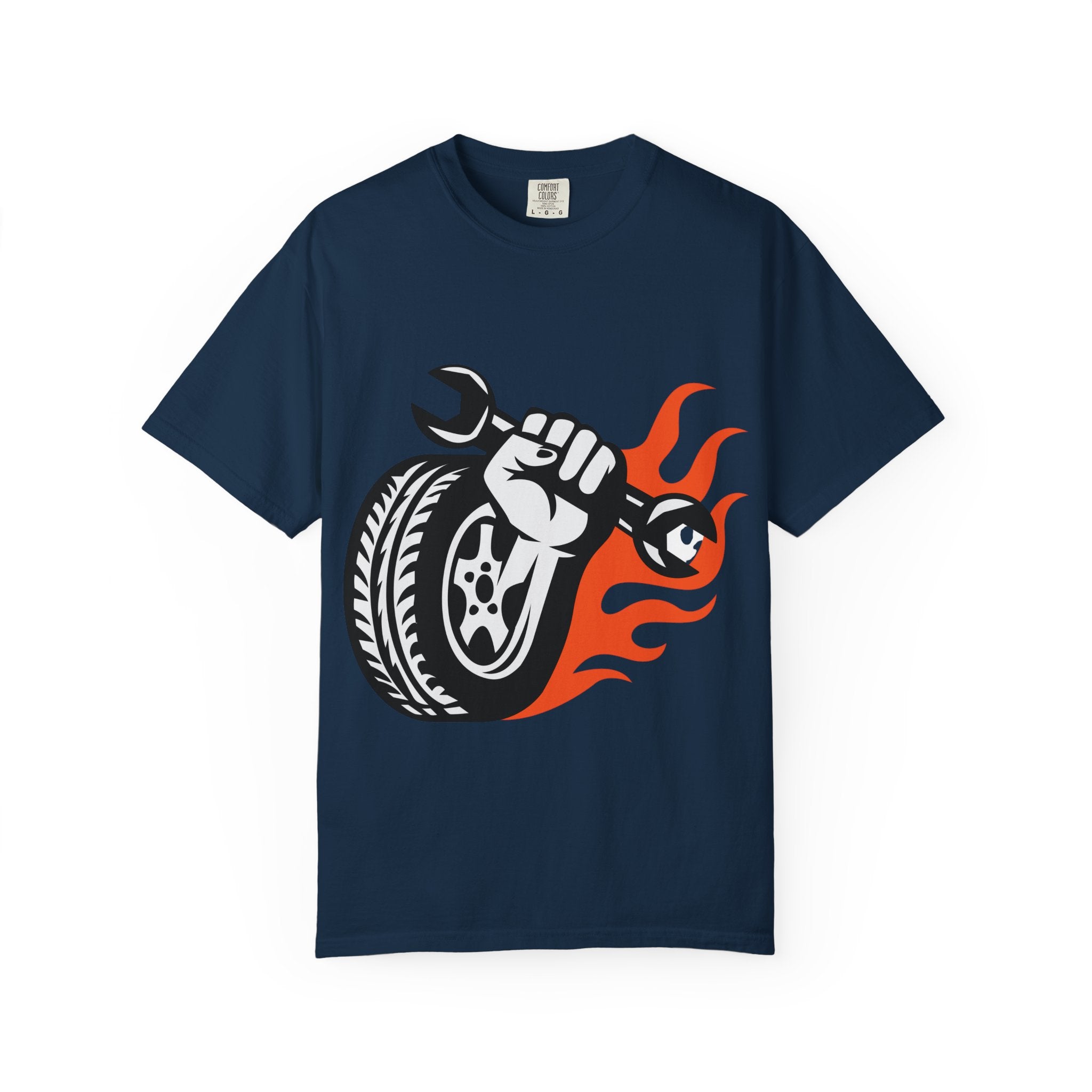 Mechanic Flame Tire T‑Shirt — Wrench & Wheel Auto Repair Tee