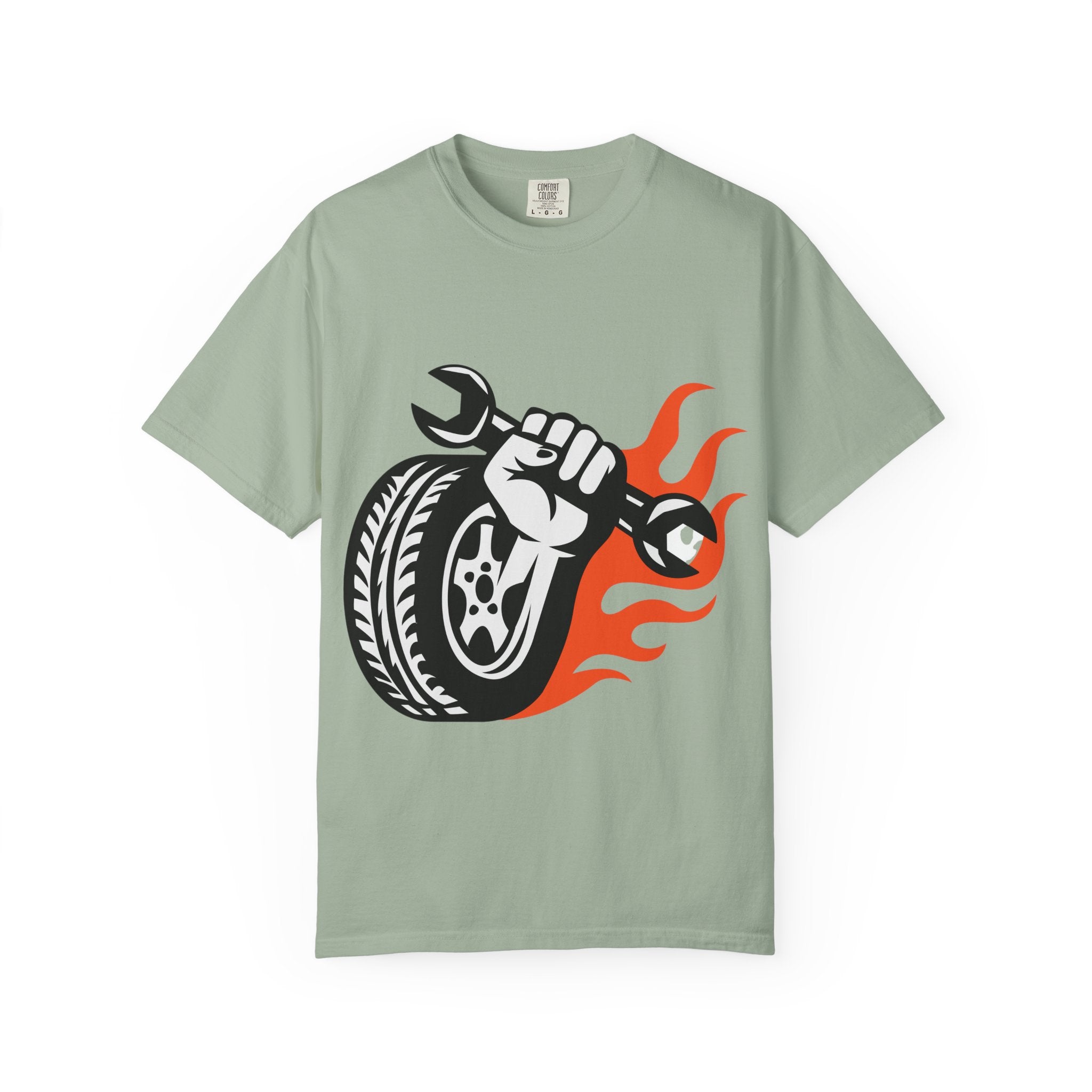 Mechanic Flame Tire T‑Shirt — Wrench & Wheel Auto Repair Tee