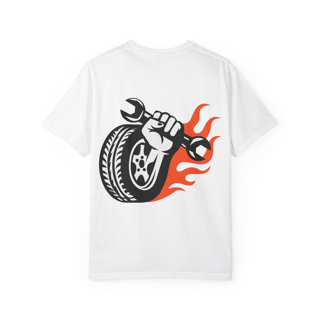 Mechanic Flame Tire T‑Shirt — Wrench & Wheel Auto Repair Tee