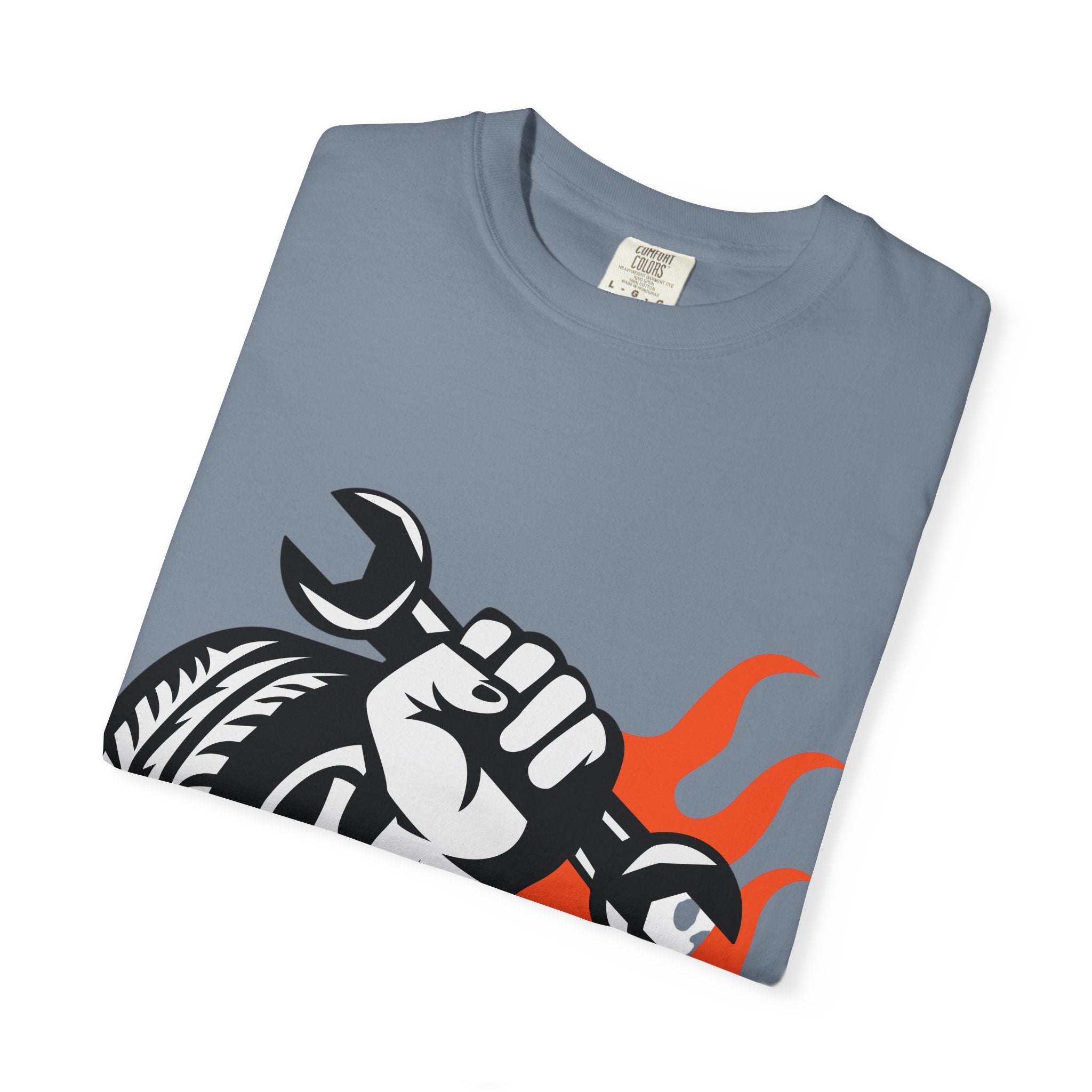 Mechanic Flame Tire T‑Shirt — Wrench & Wheel Auto Repair Tee