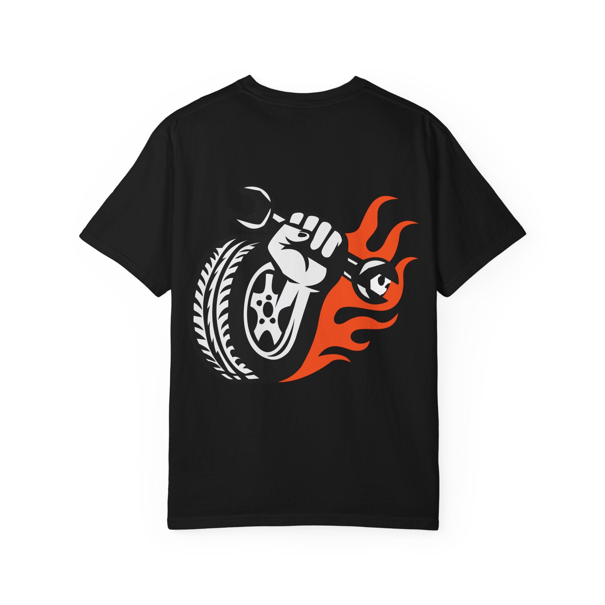 Mechanic Flame Tire T‑Shirt — Wrench & Wheel Auto Repair Tee