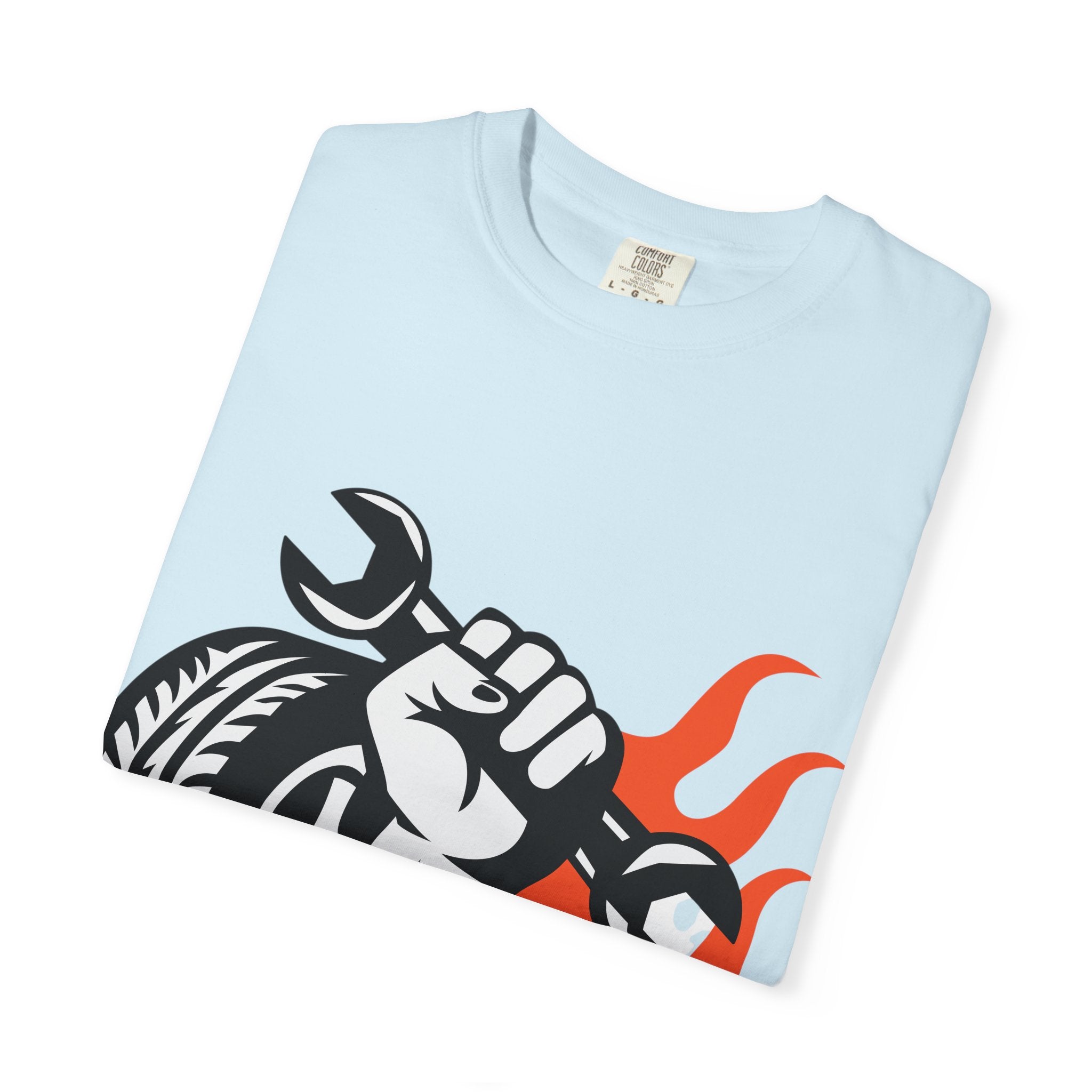 Mechanic Flame Tire T‑Shirt — Wrench & Wheel Auto Repair Tee
