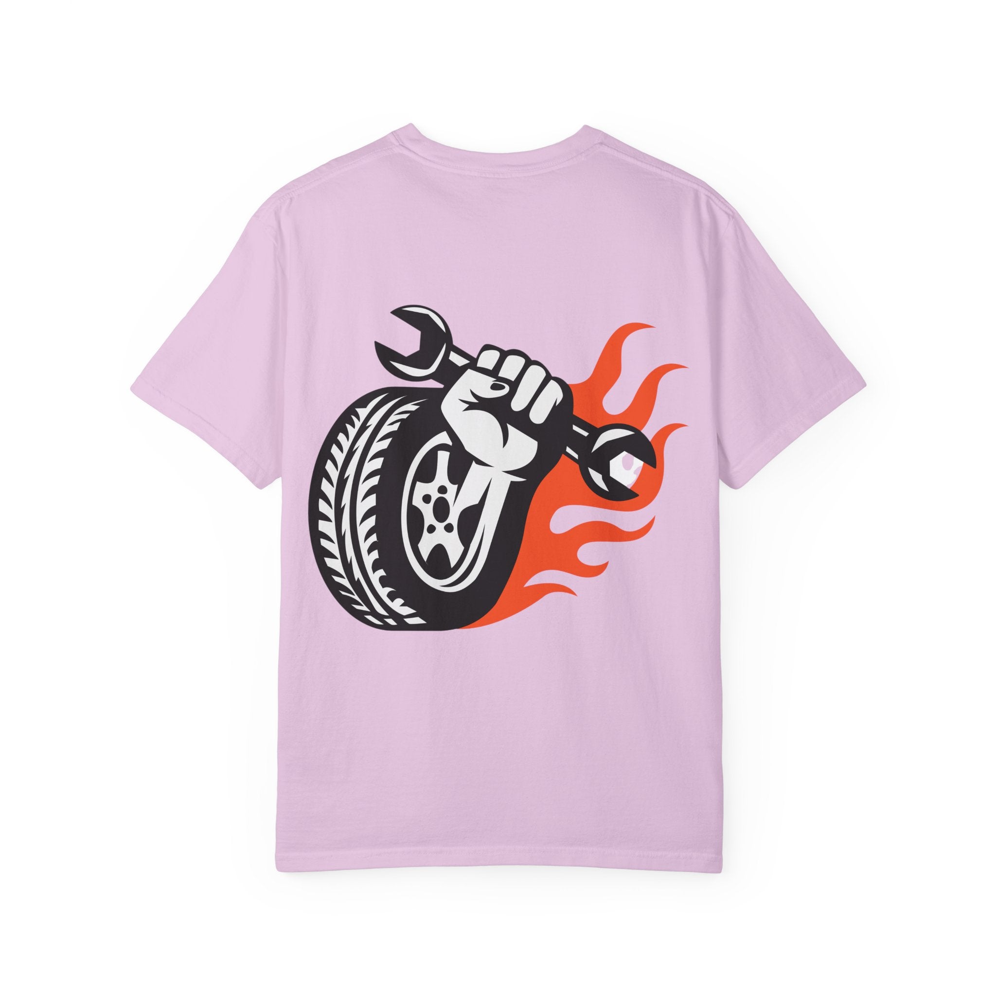 Mechanic Flame Tire T‑Shirt — Wrench & Wheel Auto Repair Tee