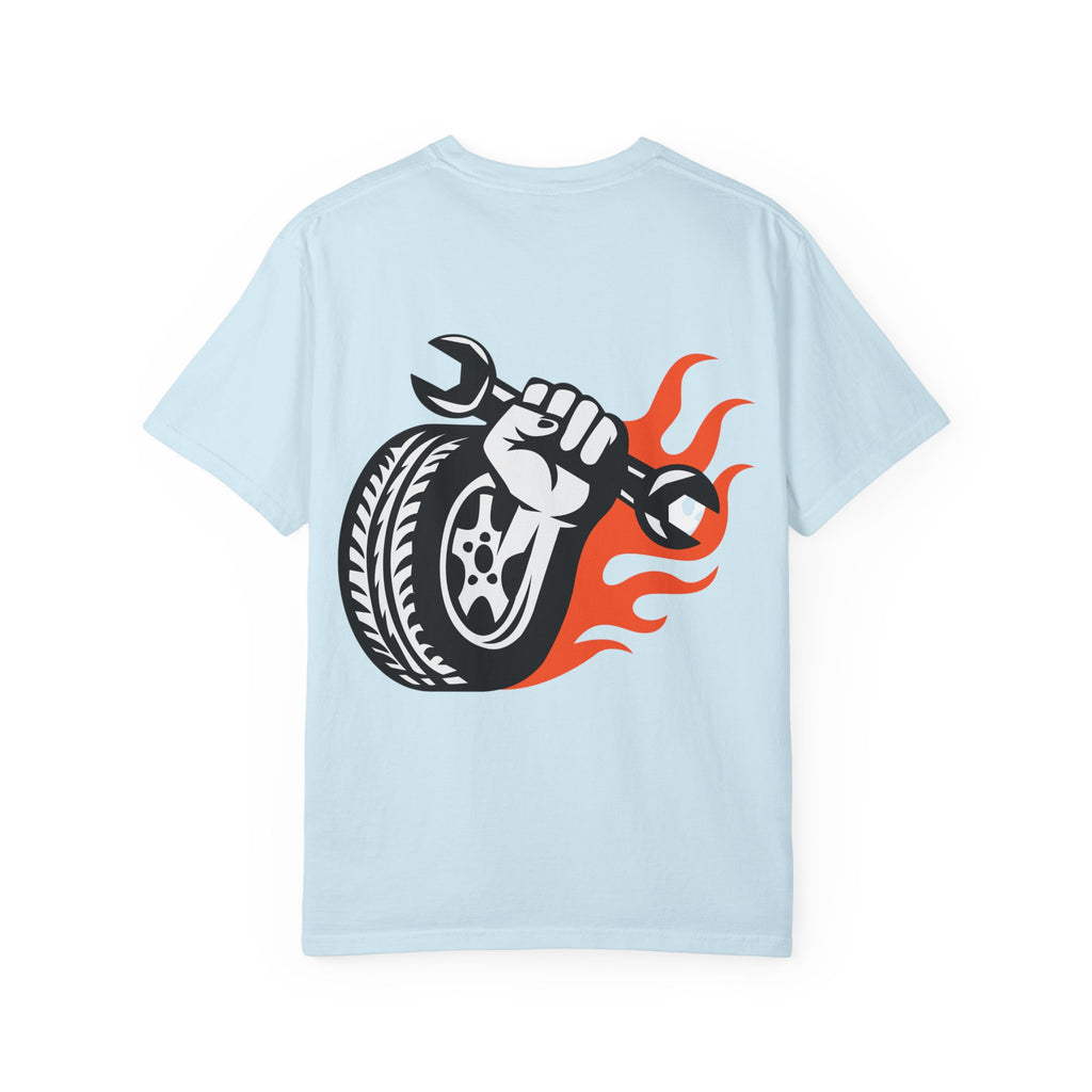 Mechanic Flame Tire T‑Shirt — Wrench & Wheel Auto Repair Tee