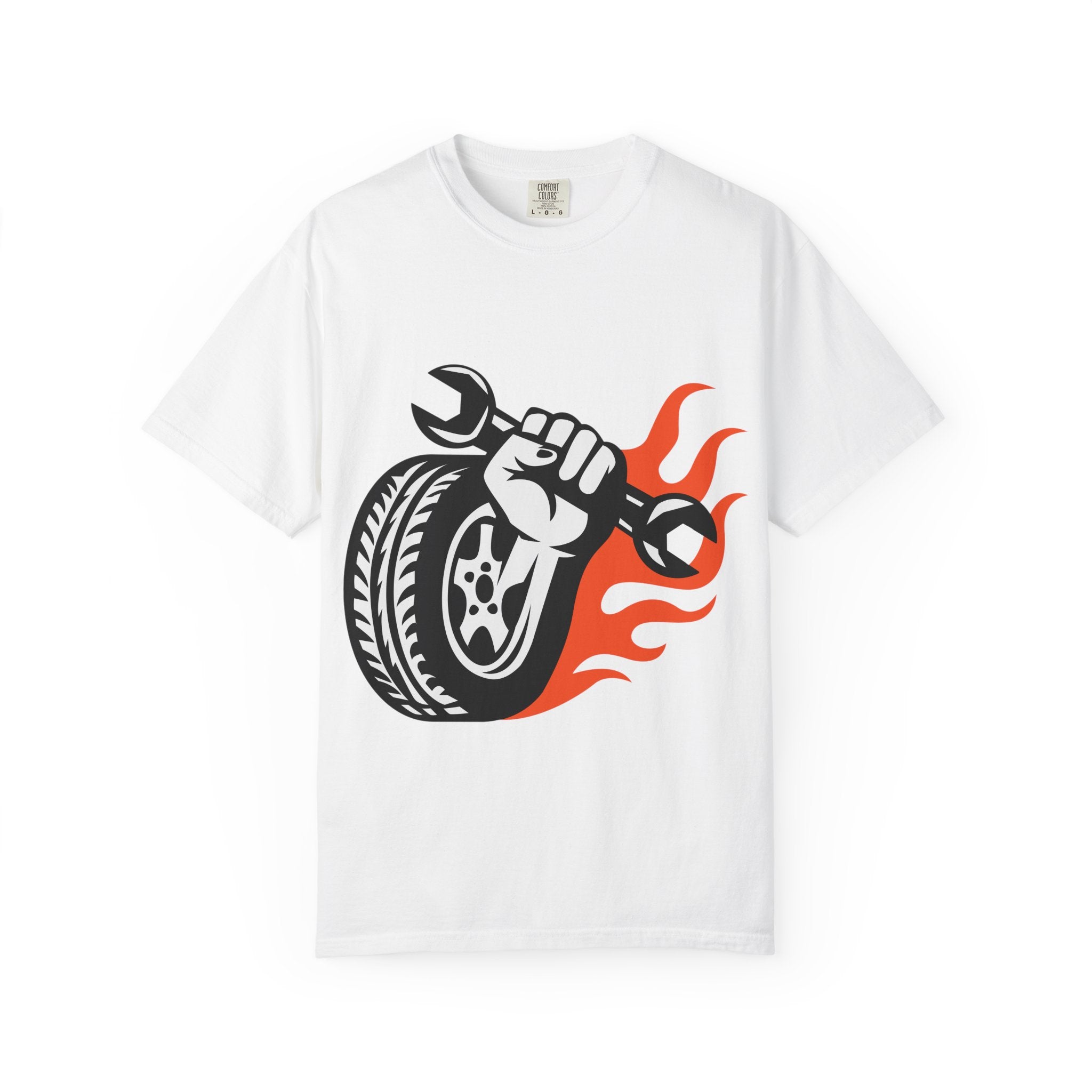 Mechanic Flame Tire T‑Shirt — Wrench & Wheel Auto Repair Tee