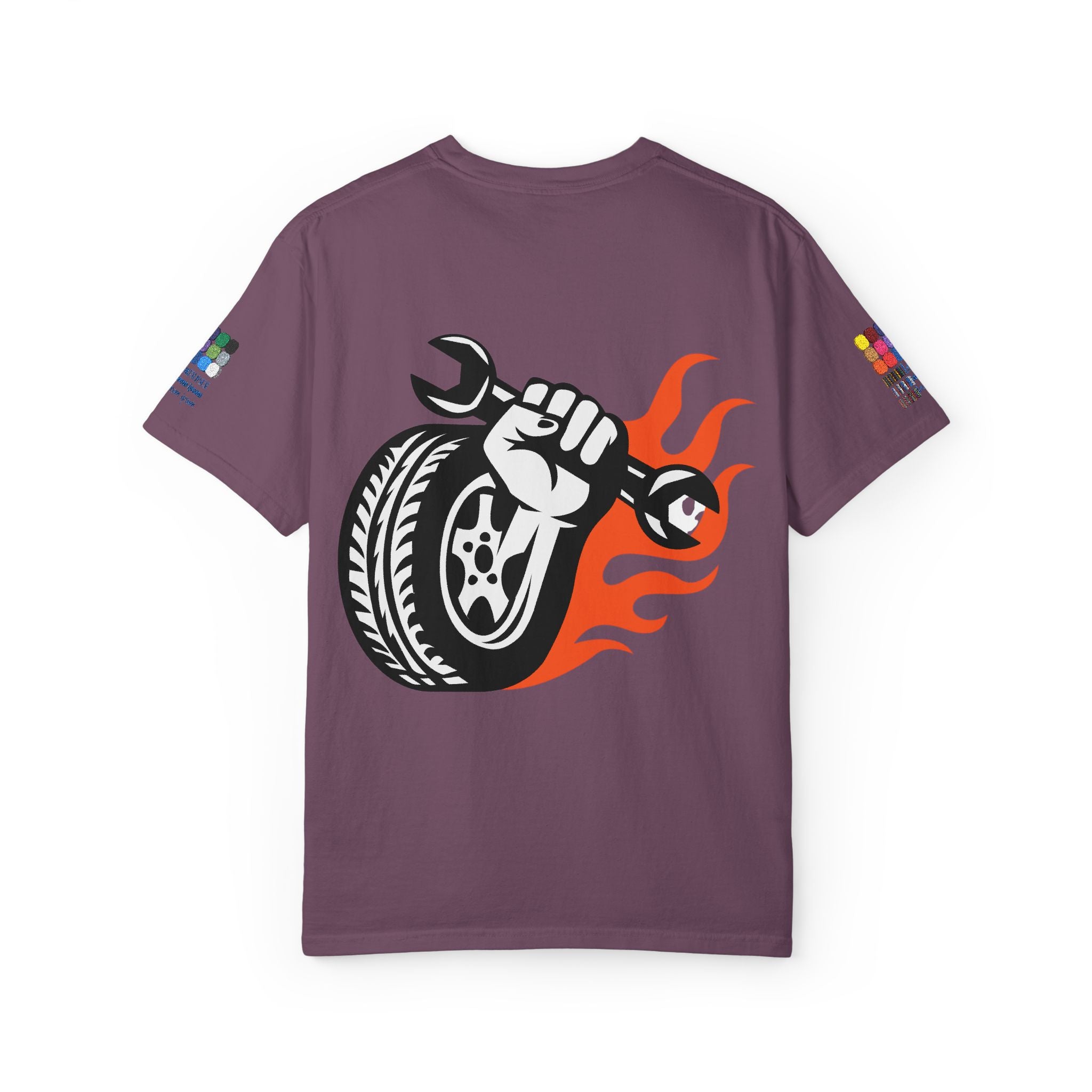 Mechanic Flame Tire T‑Shirt — Wrench & Wheel Auto Repair Tee