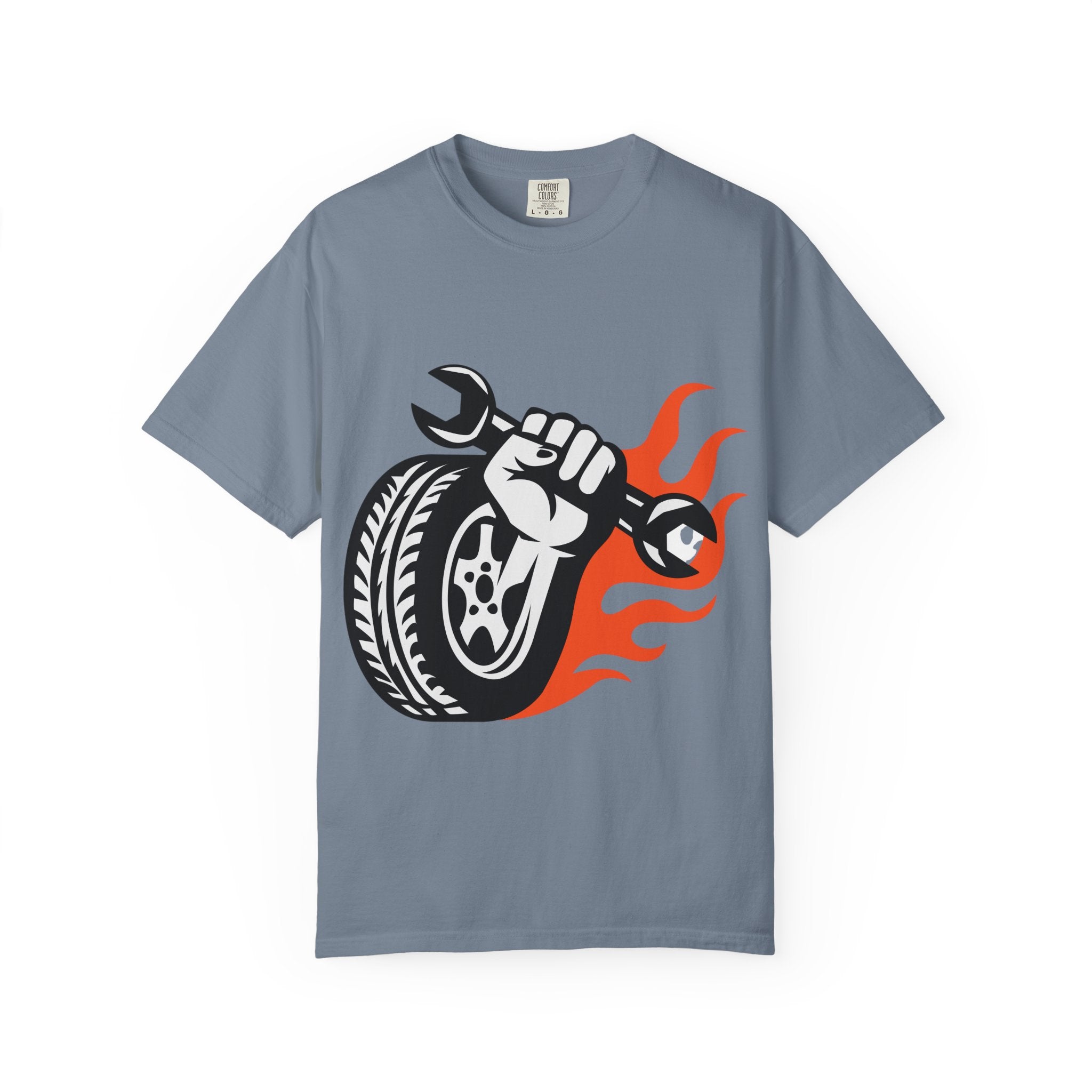 Mechanic Flame Tire T‑Shirt — Wrench & Wheel Auto Repair Tee